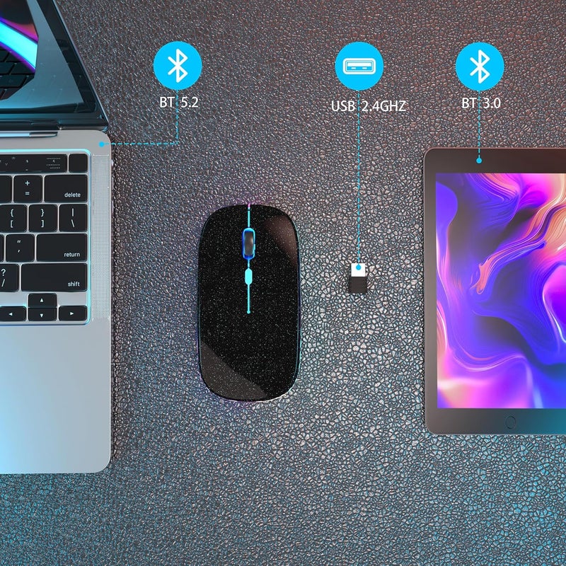 AOLIKOKO فأرة بلوتوث لاسلكية قابلة لإعادة الشحن للكمبيوتر المحمول مع إضاءة LED، استخدام محمول (BT5.2 و USB 2.4G) اتصال مزدوج، فأرة كمبيوتر صامتة ونحيفة للكمبيوتر المحمول / جهاز iPad اللوحي / Apple MacBook / PC (أسود لؤلؤي) - Image 4